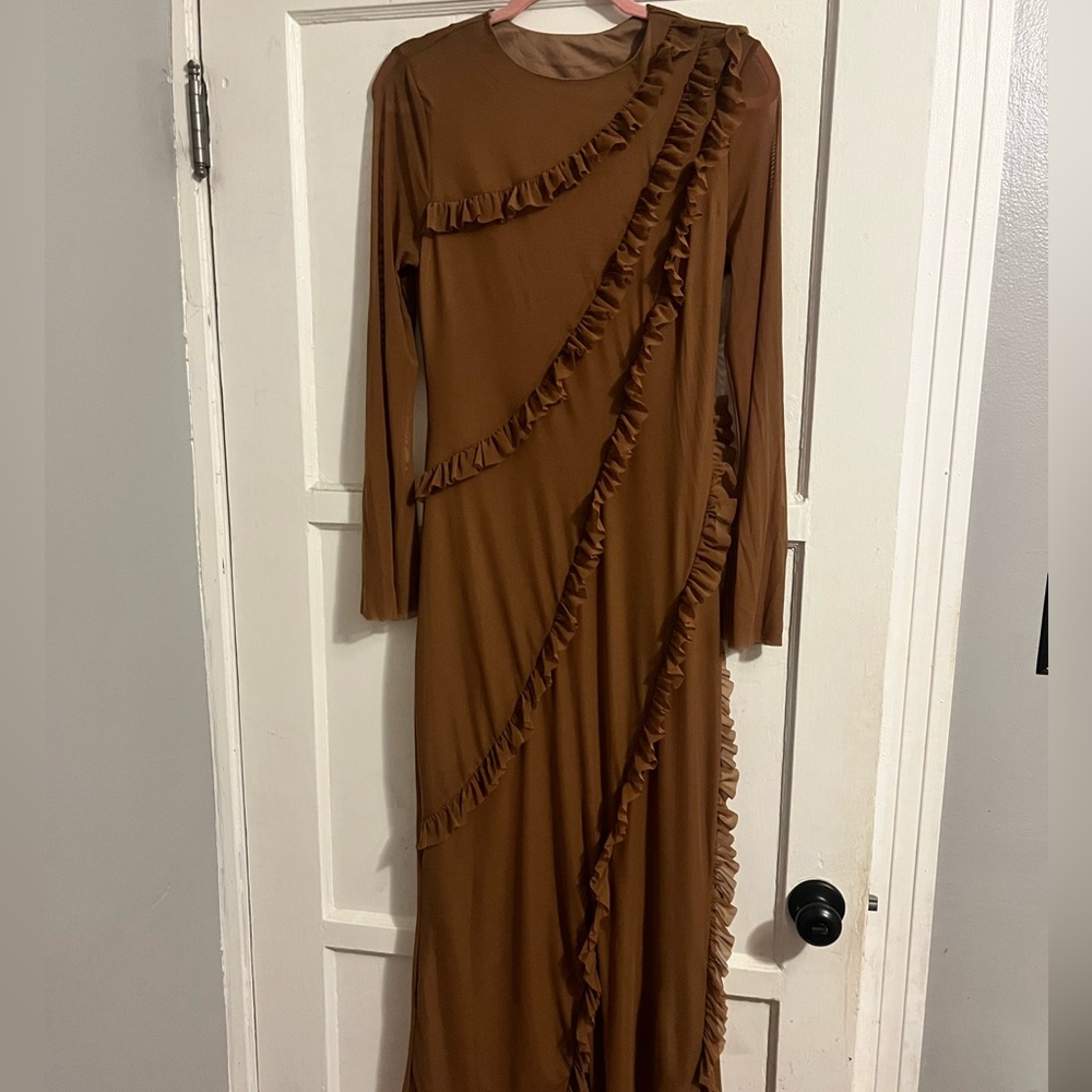 SHEIN Brown Long Sleeve Ruffle Dress